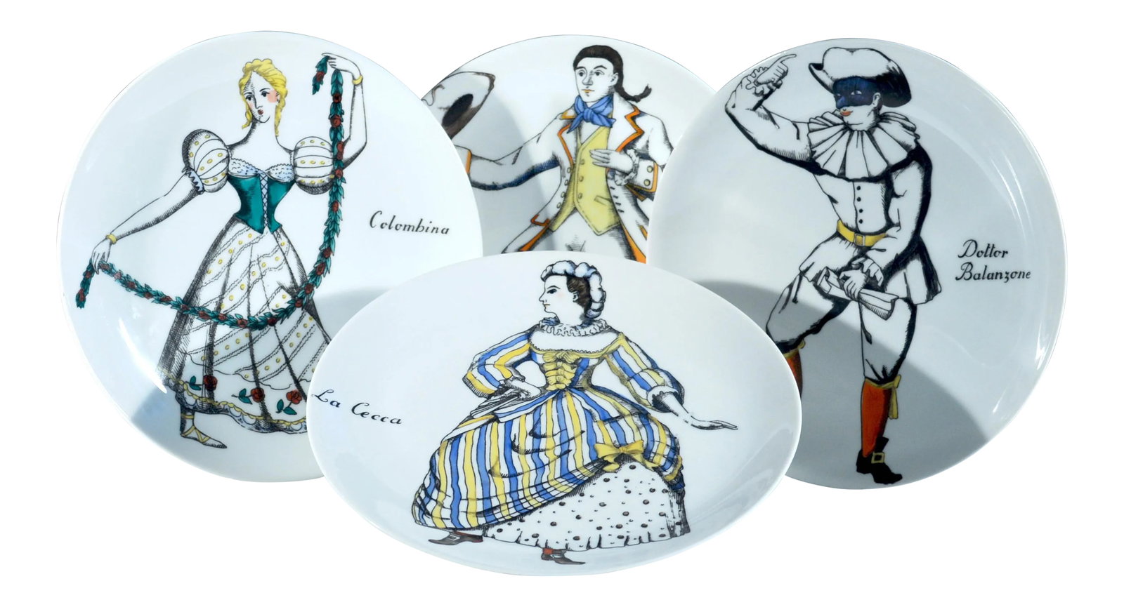 Piero Fornasetti Porcelain Commedia Dell'arte Plates - S/4: The Decadent and the Deceptive: Fornasetti's Maschere Italiane and the Eternal Stage of Commedia Dell'arte The four porcelain plates from the Maschere Italiane (Italian Masks) series by Piero