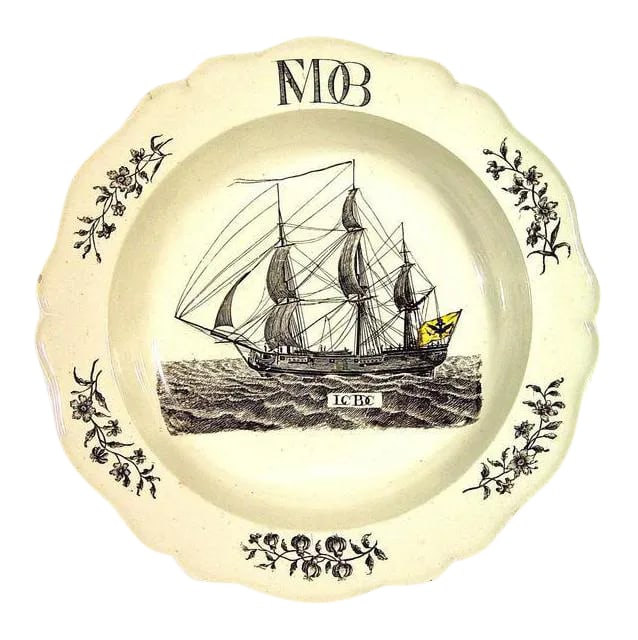 Wedgwood Nautical Creamware Soup Plate: The Enigmatic Standard: Wedgwood Creamware Plate with Ship Object: Soup Plate, "Royal" Shape Manufacturer: Wedgwood (Impressed mark), Etruria, Staffordshire, England Decorator: Guy Green at Liverpool