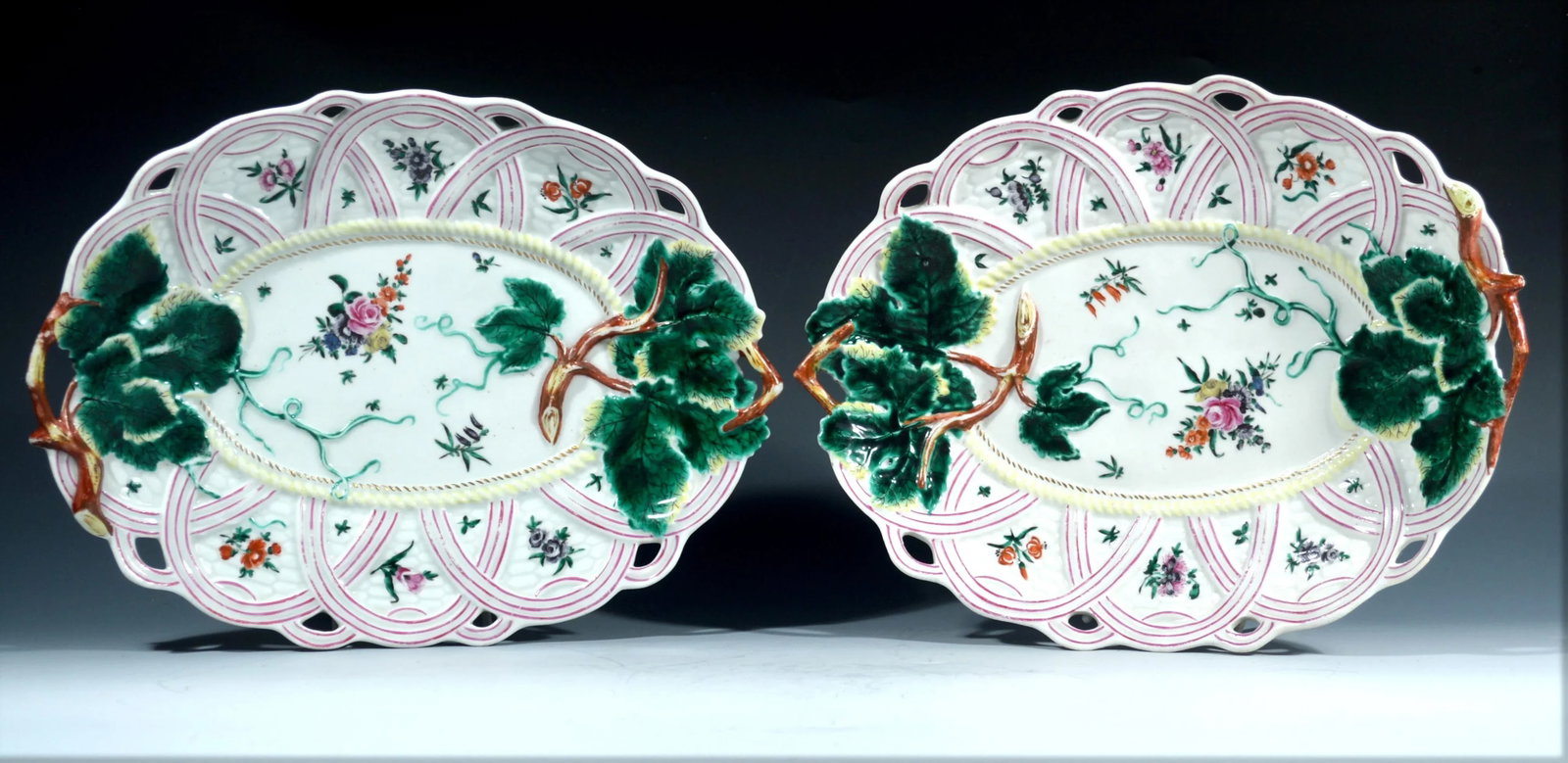 Worcester Porcelain Basket Leaf Dishes - A Pair - 2