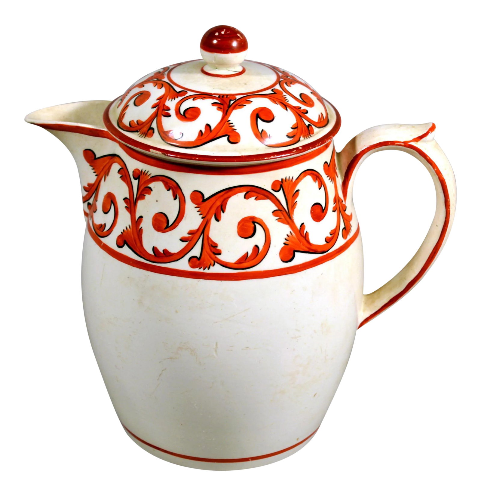 Creamware Covered Jug and Cover With Orange Foliate Scroll Designs (1 of 6)