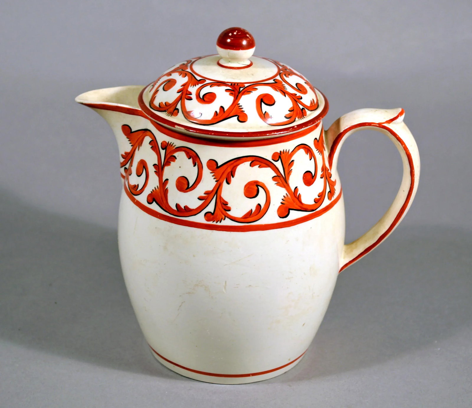 Creamware Covered Jug and Cover With Orange Foliate Scroll Designs - 2