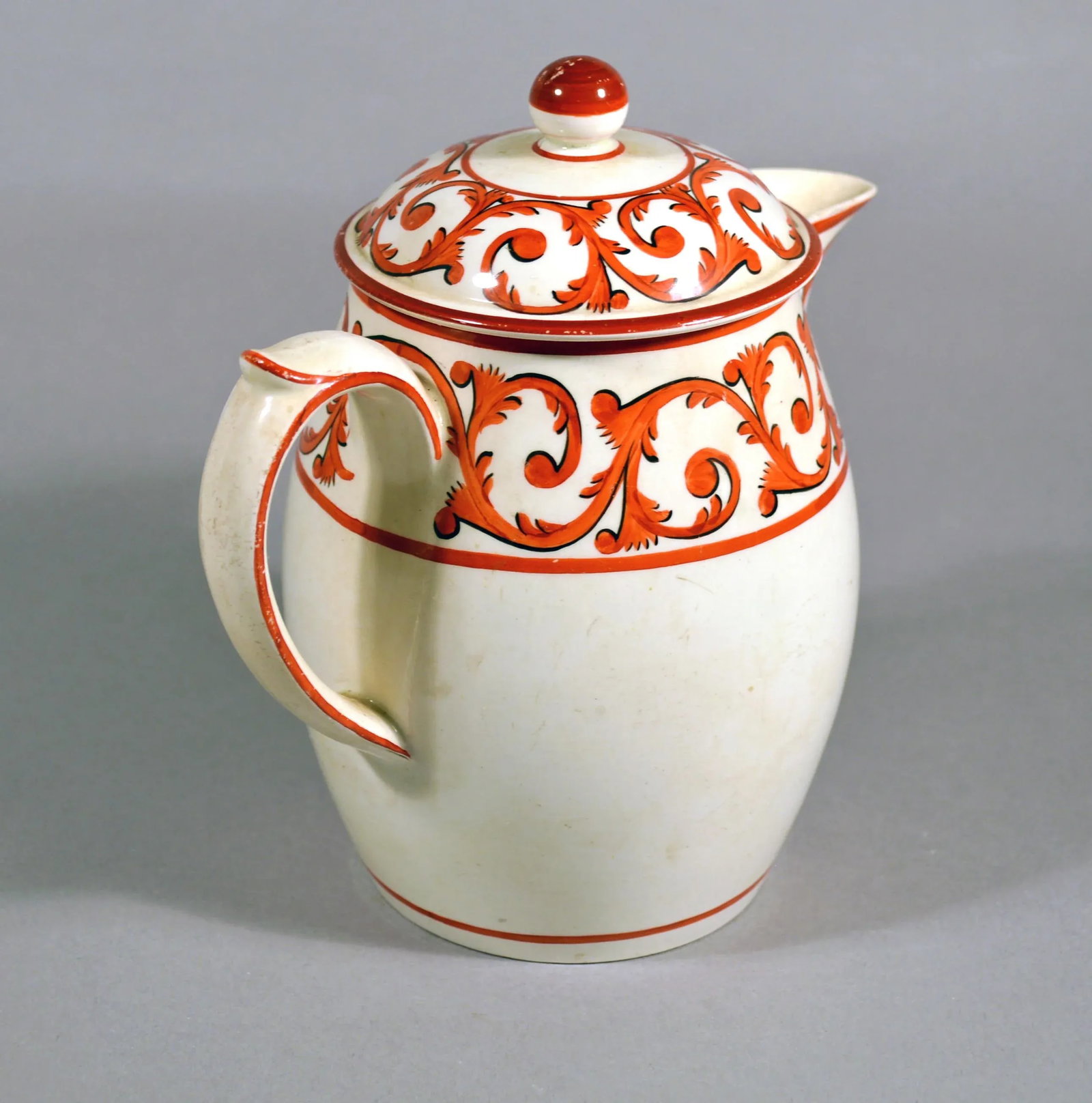 Creamware Covered Jug and Cover With Orange Foliate Scroll Designs - 3