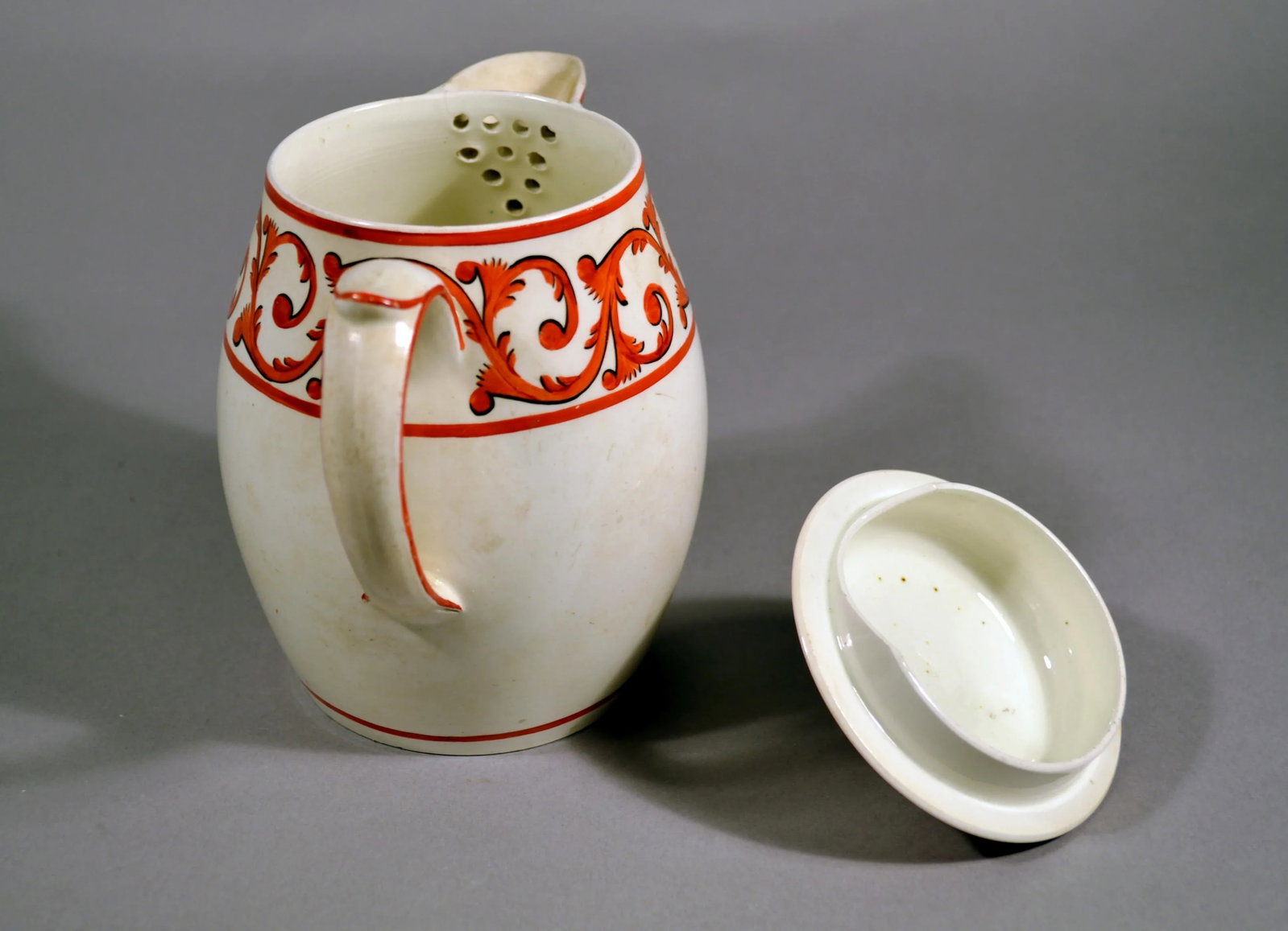 Creamware Covered Jug and Cover With Orange Foliate Scroll Designs - 4