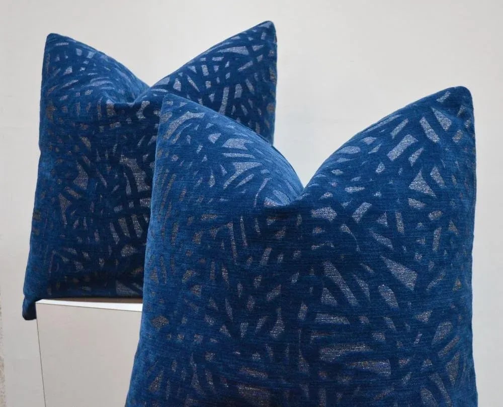 Pair of Luna Textiles "Boomerang" Blue Custom Pillows 22x22 In. - 4