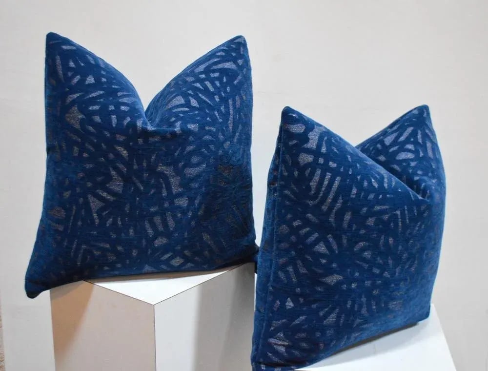 Pair of Luna Textiles "Boomerang" Blue Custom Pillows 22x22 In. - 6