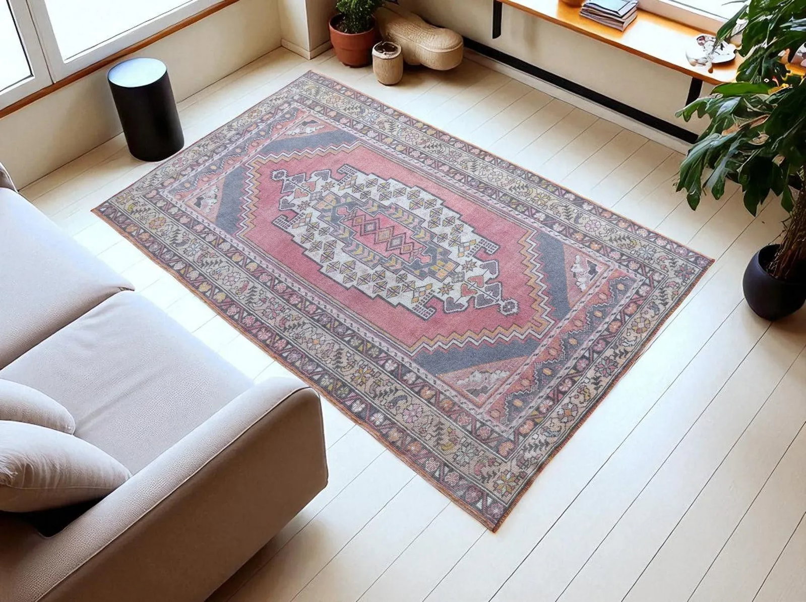 Distressed Area Rug Hand Knotted Colorful Low Pile Oushak Rug - 4' X 6'7'' - 2