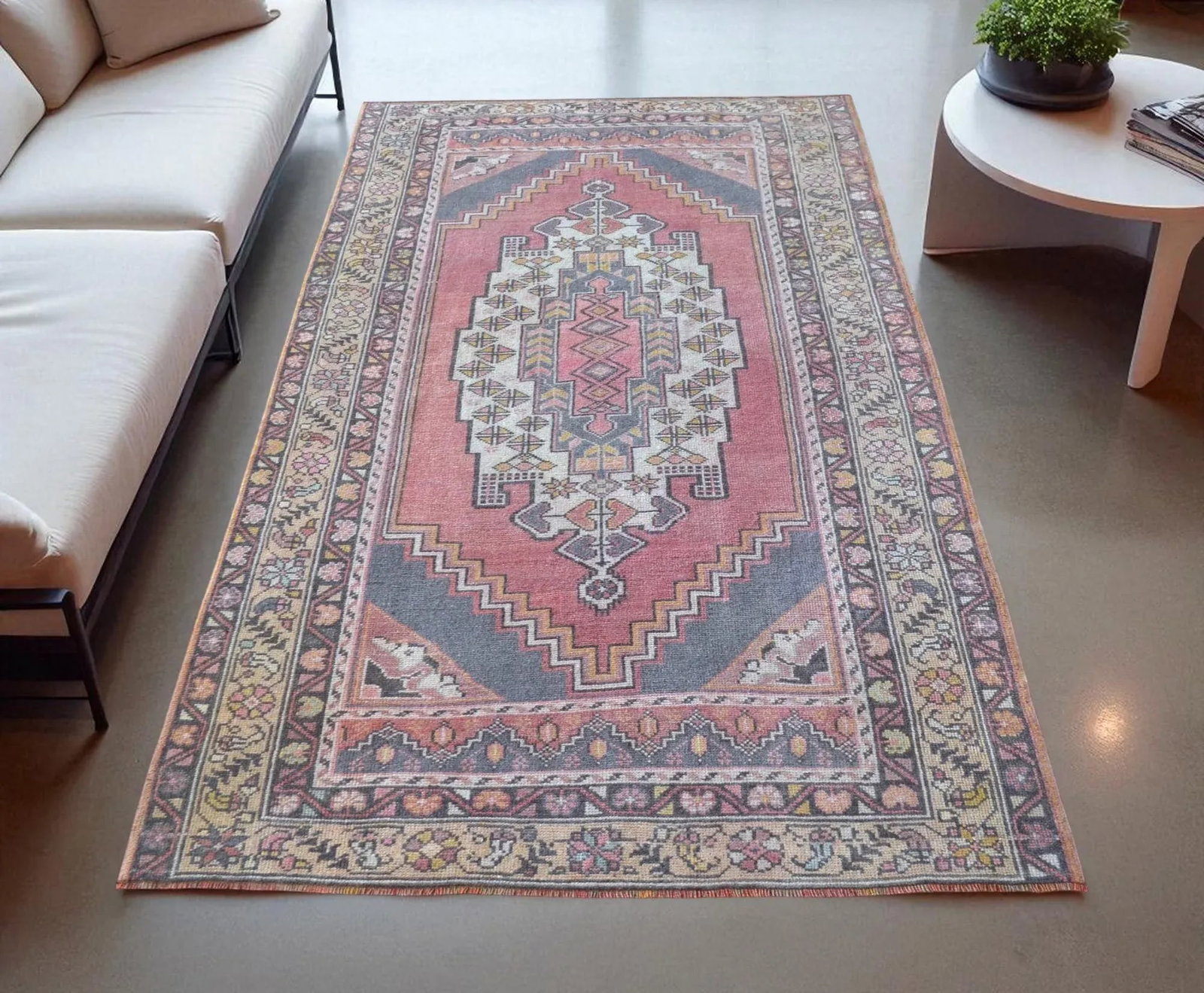 Distressed Area Rug Hand Knotted Colorful Low Pile Oushak Rug - 4' X 6'7'' - 3