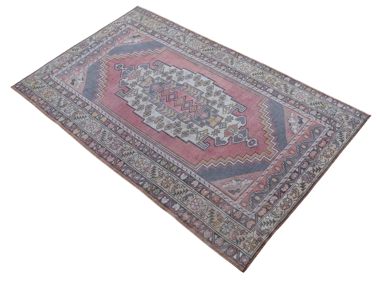 Distressed Area Rug Hand Knotted Colorful Low Pile Oushak Rug - 4' X 6'7'' - 4