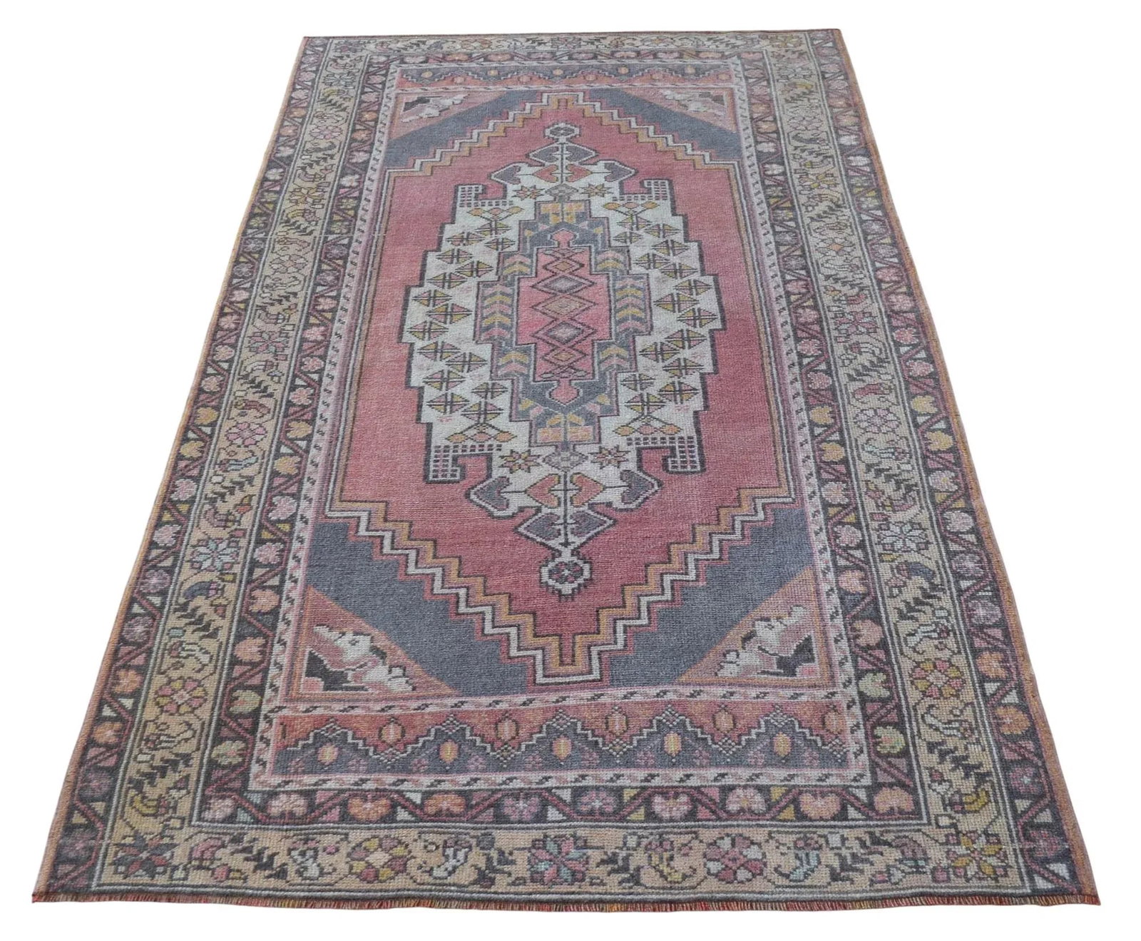 Distressed Area Rug Hand Knotted Colorful Low Pile Oushak Rug - 4' X 6'7'' - 5