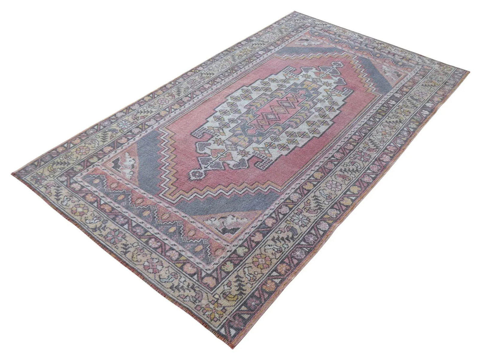 Distressed Area Rug Hand Knotted Colorful Low Pile Oushak Rug - 4' X 6'7'' - 6
