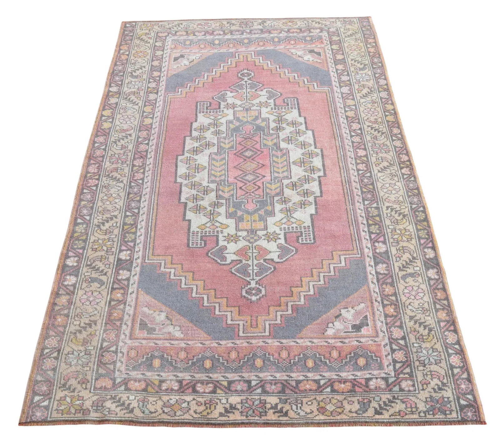 Distressed Area Rug Hand Knotted Colorful Low Pile Oushak Rug - 4' X 6'7'' - 7
