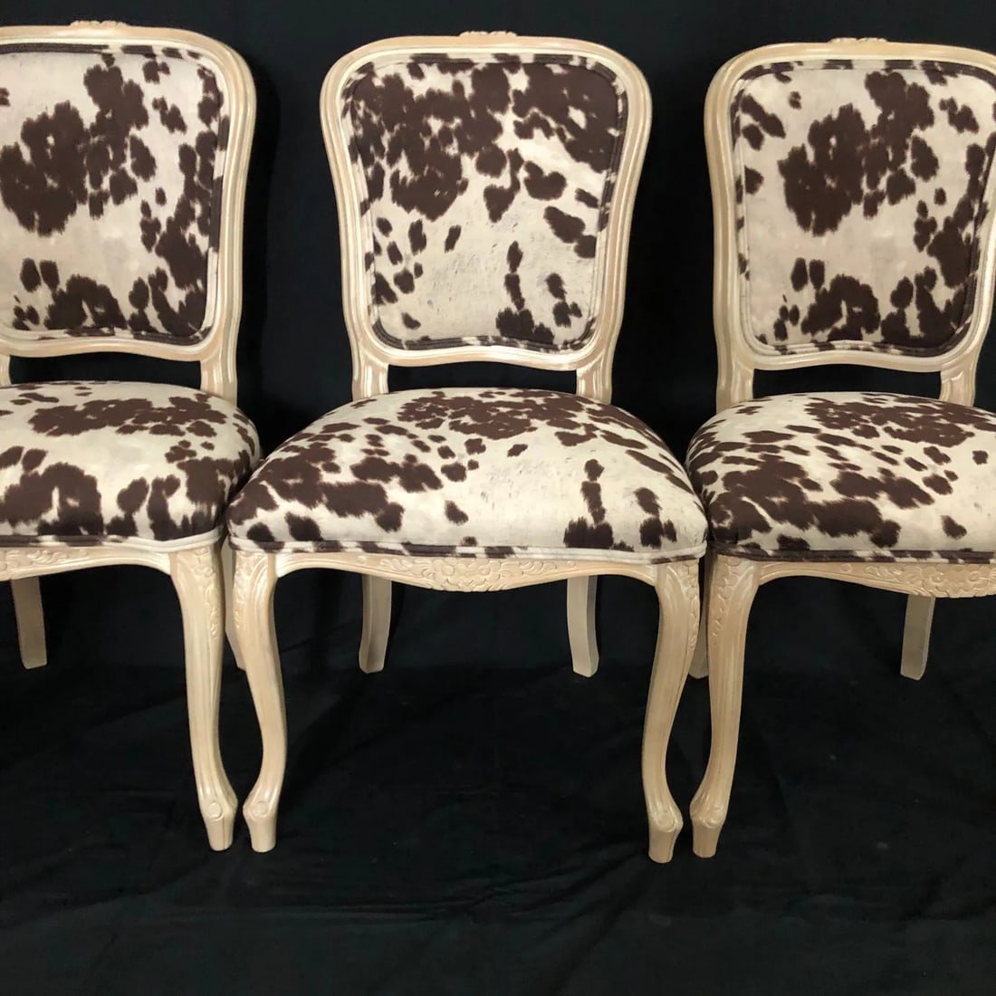 Louis XV Style Bleached Wood Chairs With Faux Hide Upholstery -Set of 3 - 2