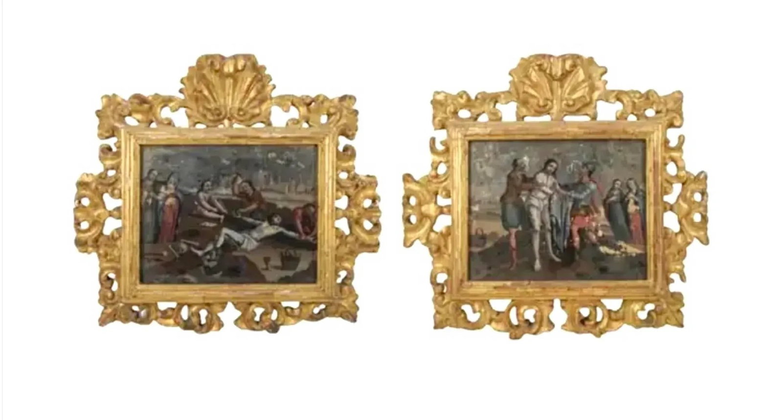 Pair of Spanish Colonial School Reverse Glass Paintings Framed - 16