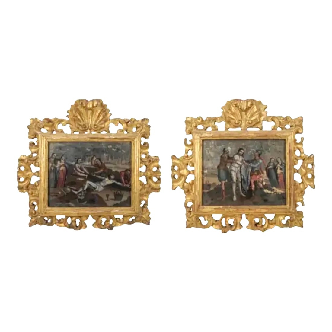 Pair of Spanish Colonial School Reverse Glass Paintings Framed: Pair of 18th Century Spanish Colonial School Reverse Glass Paintings Gold Leaf Carved Frames. Each painting depicts vivid religious scenes rendered in rich color and detail. The compositions feature