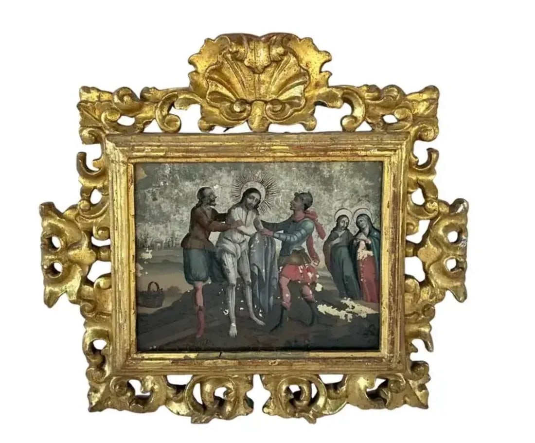 Pair of Spanish Colonial School Reverse Glass Paintings Framed - 2