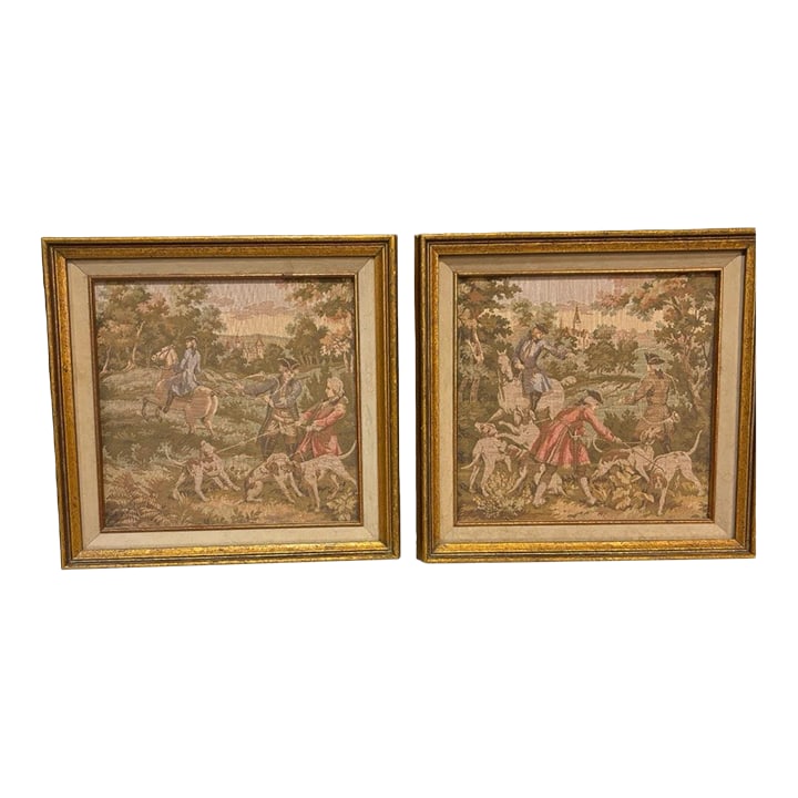 Pair of Louis XV Figurative Aubusson-Style Tapestries in Gilt Wood Frames: Exquisite pair of woven French tapestry pictures in the Louis XV style, depicting romantic figurative scenes inspired by classic Aubusson craftsmanship. Each textile is finely framed in carved gilt wo