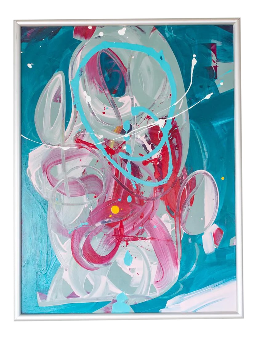 Large Abstract Contemporary Painting | Turquoise Magenta Pink Teal: Expressive original abstract artwork signed #444 by artist Carol Rose. Acrylic paint on masonite in a modern silver tone frame. An energetic celebration of turquoise and magenta brings a punch of