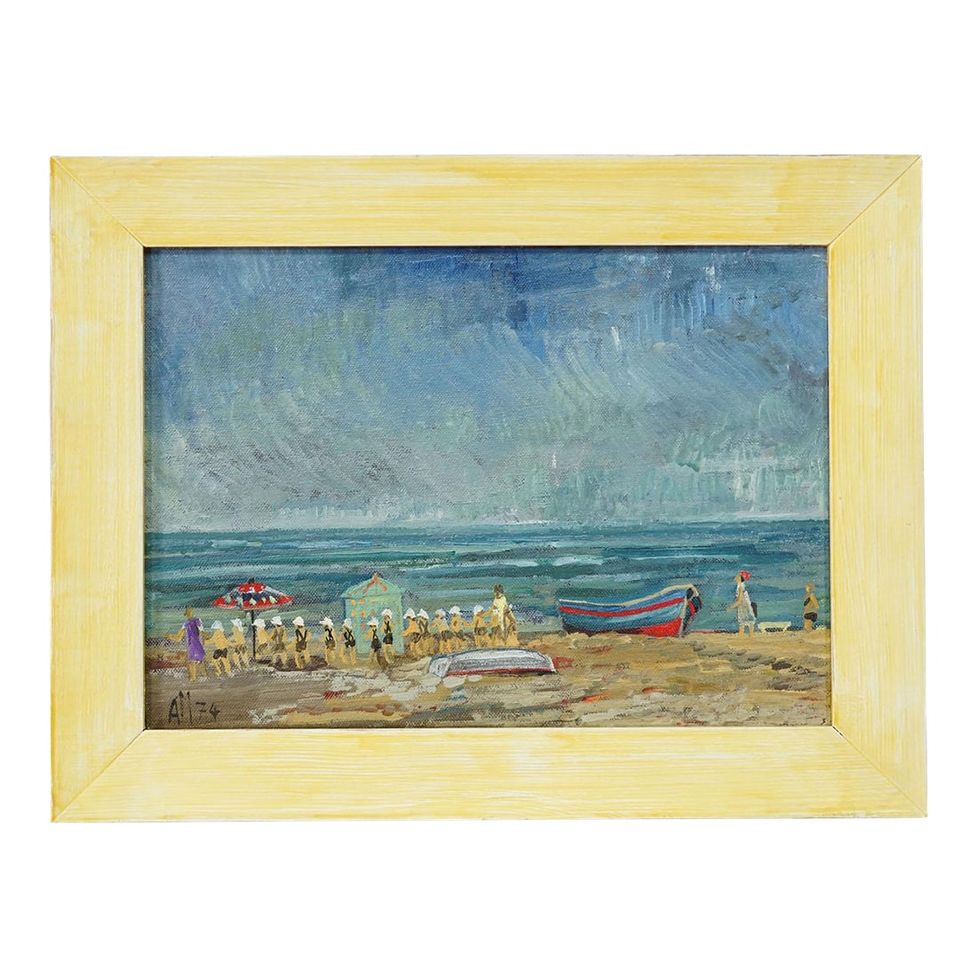Swimming School by the Sea, 1974 – Alexander Michael: Swimming School by the Sea, 1974 – Alexander Michael Oil Painting This lively coastal scene captures a group of children taking swimming lessons by the seaside. Beneath a softly clouded sky,