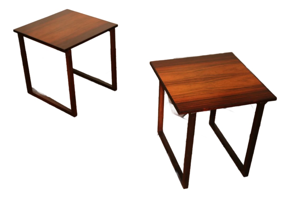 Pair of Vintage Rosewood Side Tables by Kai Kristiansen, Denmark, 1960s: Elegant pair of Mid-Century Modern side tables designed by Kai Kristiansen, crafted in Denmark during the 1960s. Each table showcases beautiful natural rosewood grain with rich tonal variations and sm