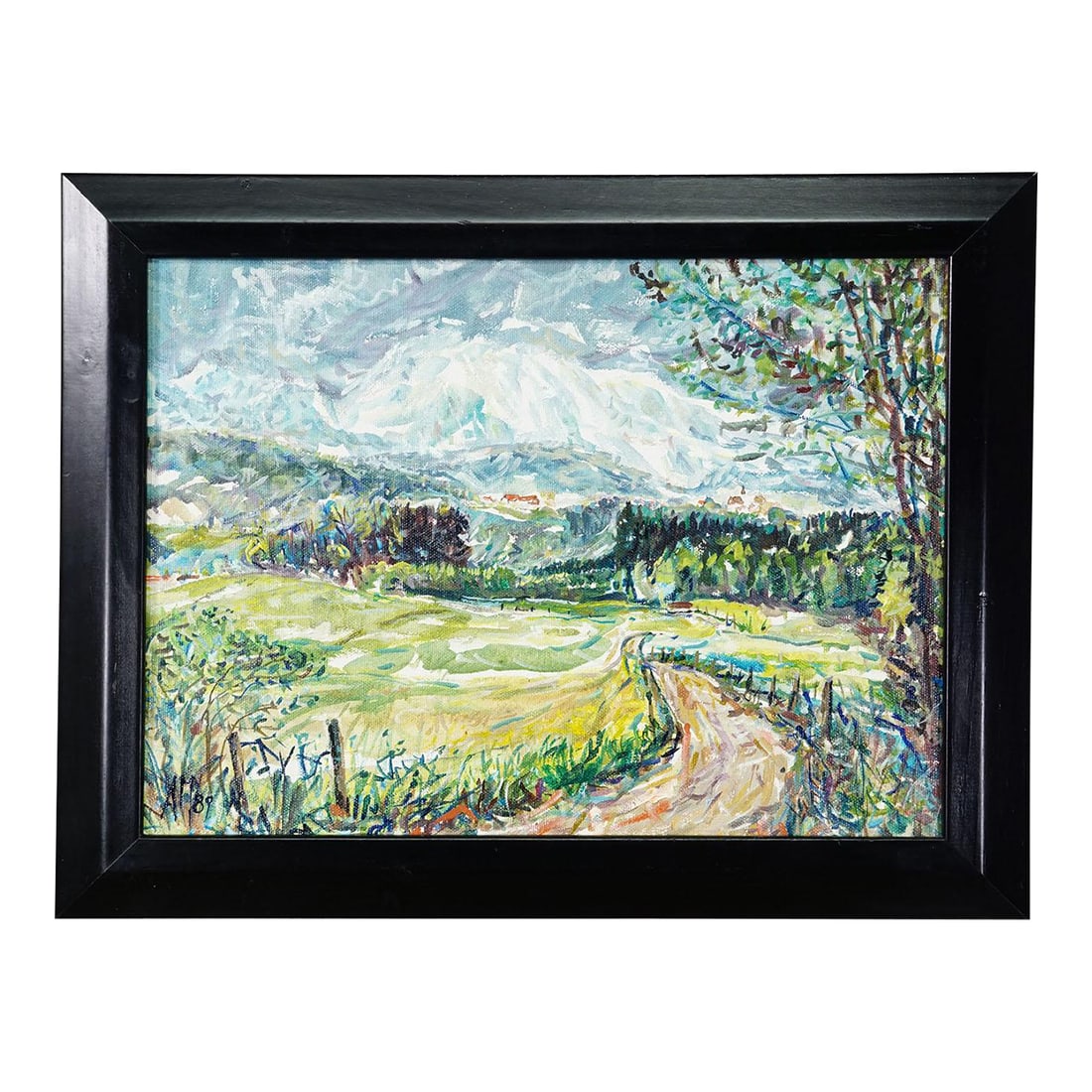 Landscape Steinhoegl Bavaria, 1989 – Oil Painting by Alexander Michael: Landscape Steinhoegl Bavaria, 1989 – Oil Painting by Alexander Michael In this expressive landscape from 1989, Alexander Michael captures the serene rural charm of Steinhögl. A winding