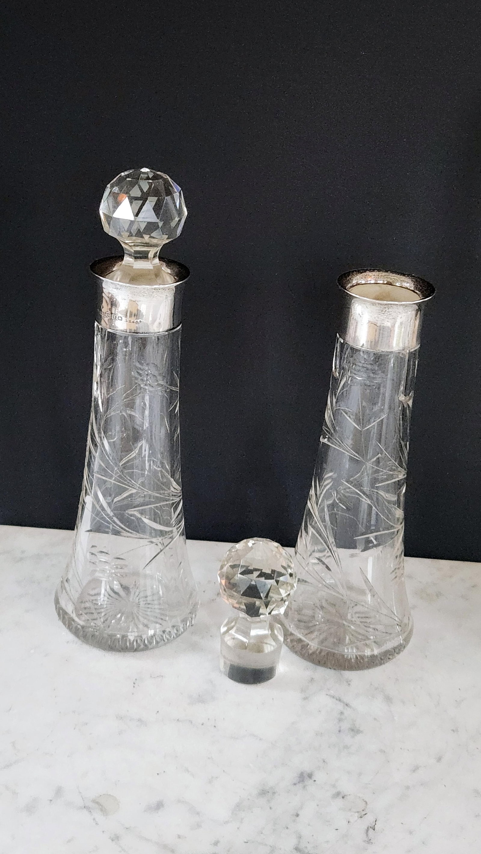 Antique English Sterling Silver & Cut Crystal Decanter Pair "” 1899 Birmingham j.g & S - 14