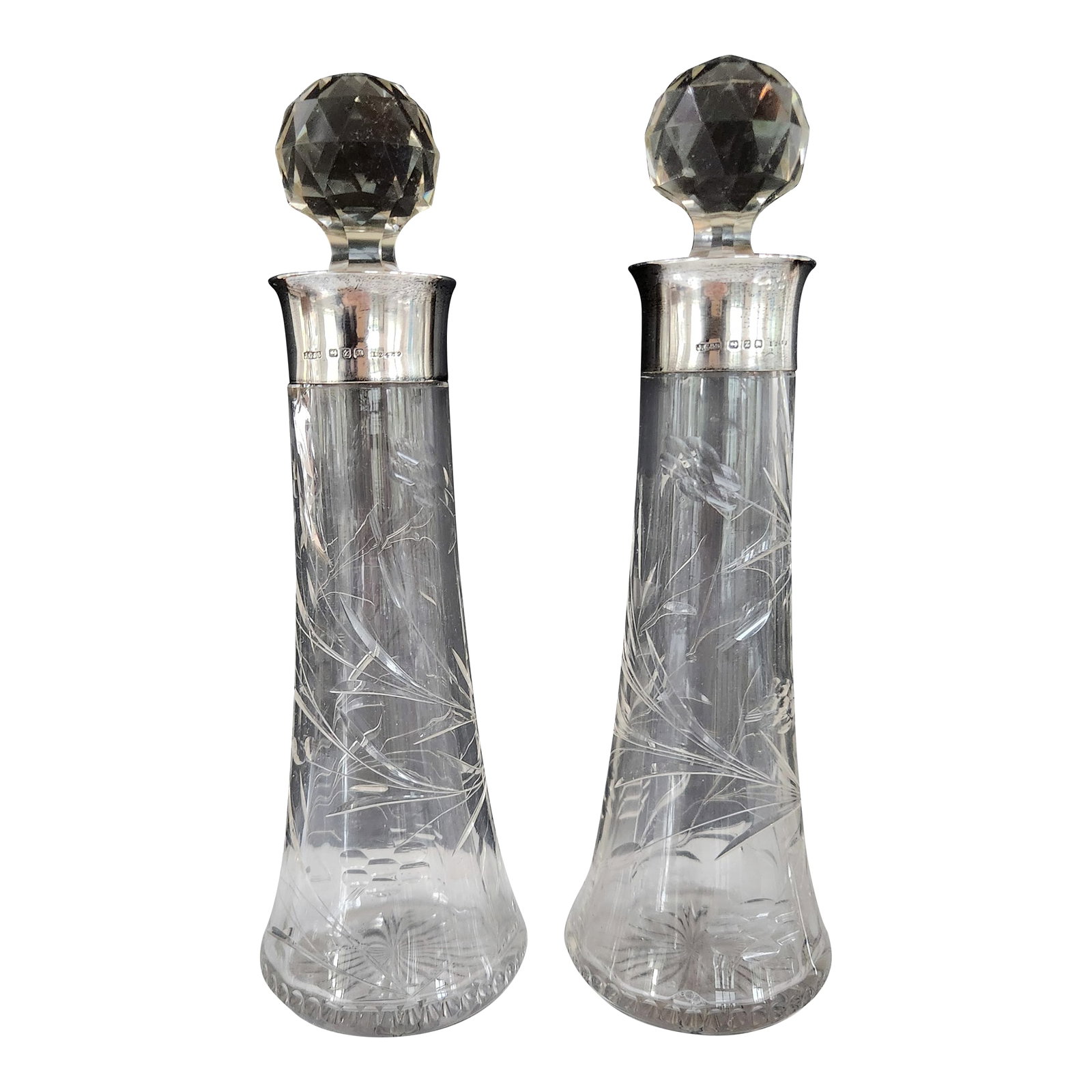 Antique English Sterling Silver & Cut Crystal Decanter Pair "” 1899 Birmingham j.g & S (1 of 16)