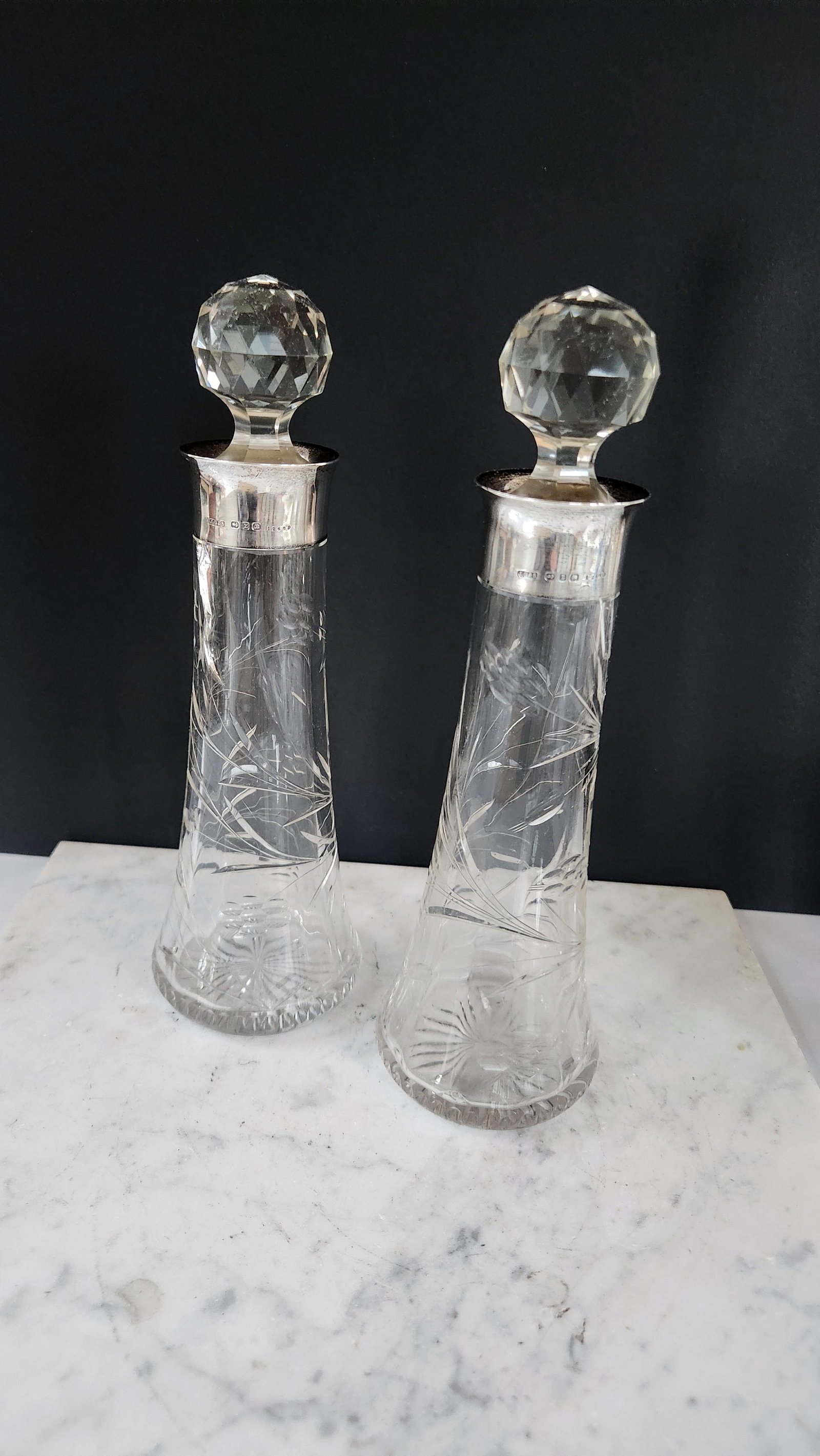 Antique English Sterling Silver & Cut Crystal Decanter Pair "” 1899 Birmingham j.g & S - 4