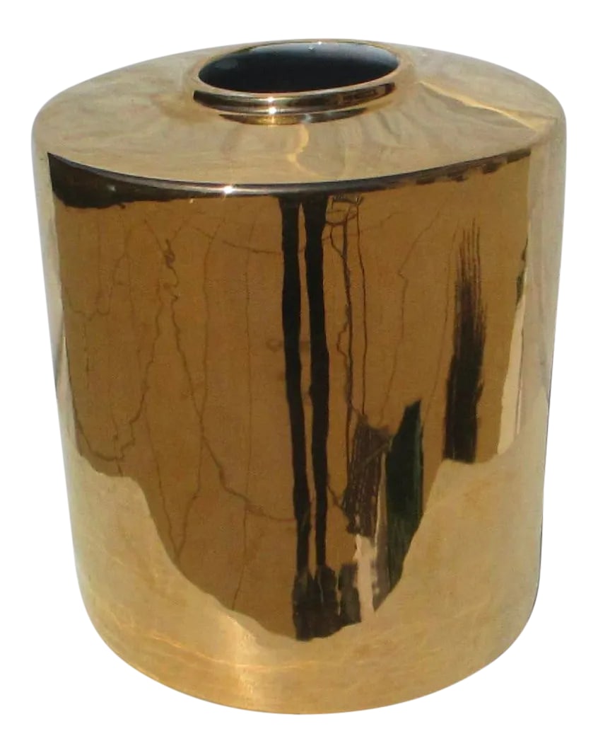 Gold Luster Porcelain Jar: Massive gold luster cylinder jar. Heavy thick porcelain walls with thick gold glaze and glazed inside in white. The Widebody measures 12.5" in diameter and the mouth is 4.6" in diameter. The height