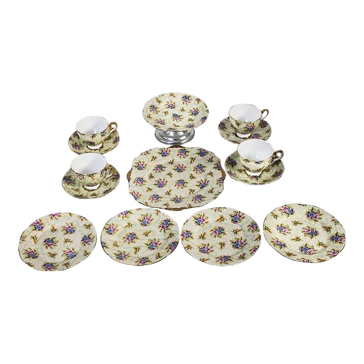 1940s English Traditional Royal Stafford China Elizabeth Pattern Luncheon Set - 14 Pieces: Royal Stafford Bone China of England demonstrated their ability to create artful, nature inspired designs bringing the garden into the tea room This lovely hand painted set in the popular Elizabeth