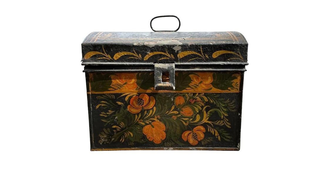 American Folk Art Painted Toleware Tin Box - 9