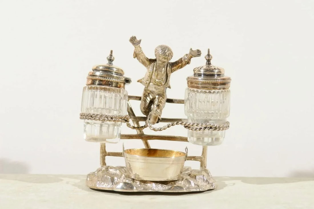 Circa 1873 English Silverplate Cruet Set of Young Boy Leaping in the Air - 2