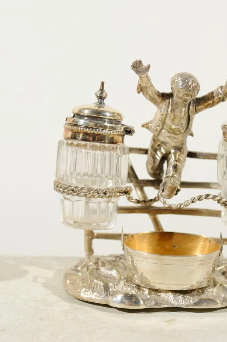 Circa 1873 English Silverplate Cruet Set of Young Boy Leaping in the Air - 4