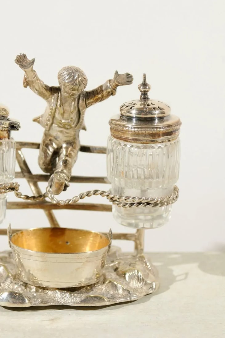 Circa 1873 English Silverplate Cruet Set of Young Boy Leaping in the Air - 5