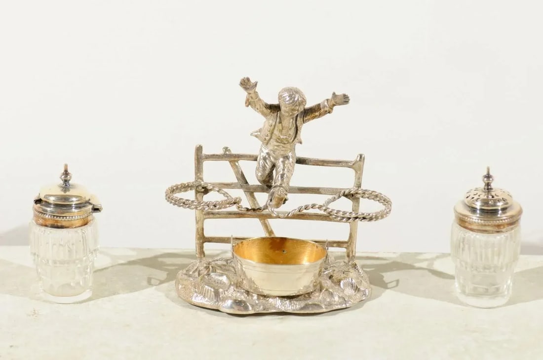 Circa 1873 English Silverplate Cruet Set of Young Boy Leaping in the Air - 6