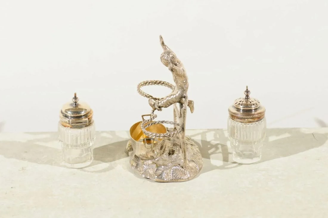 Circa 1873 English Silverplate Cruet Set of Young Boy Leaping in the Air - 7
