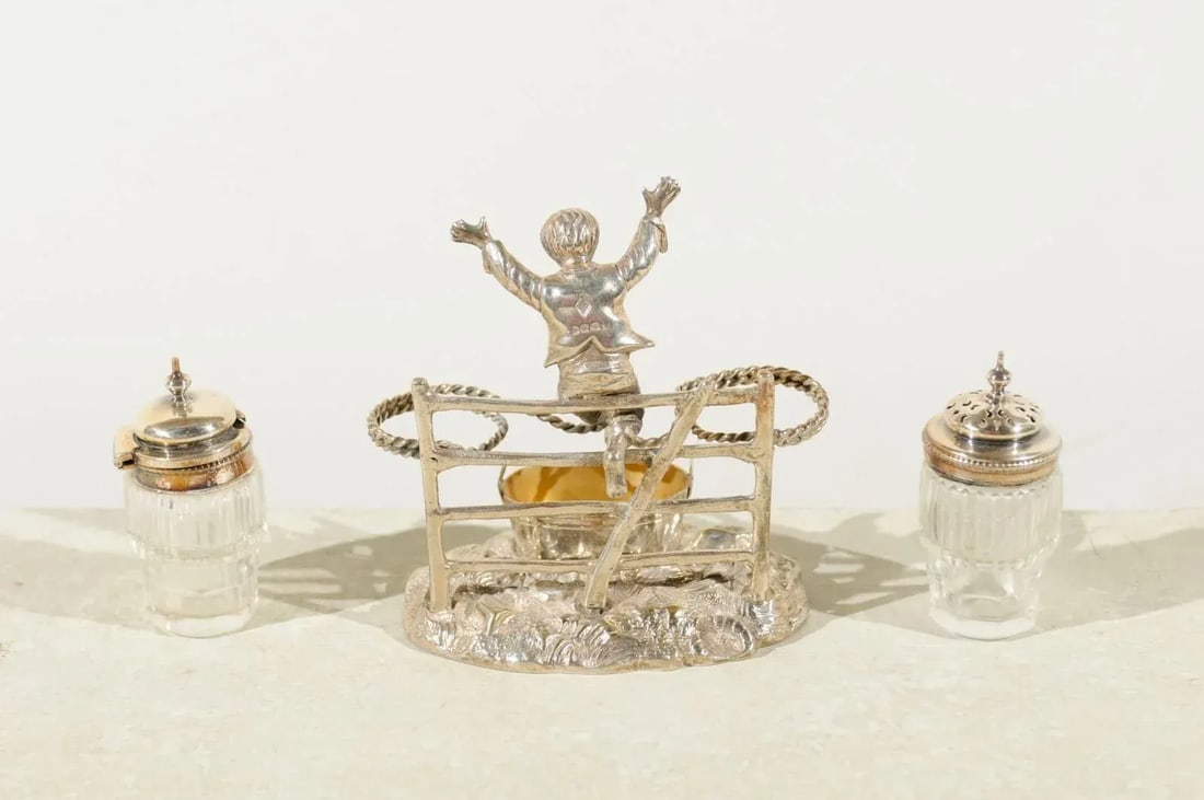 Circa 1873 English Silverplate Cruet Set of Young Boy Leaping in the Air - 8