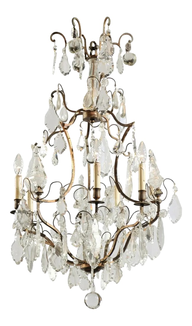 Late 19th Century French Six-Light Crystal and Iron Chandelier with Obelisks: A French six-light crystal chandelier from the late 19th century, with iron armature and obelisks. Born in France during the Belle-Époque era, this exquisite six-light chandelier features a