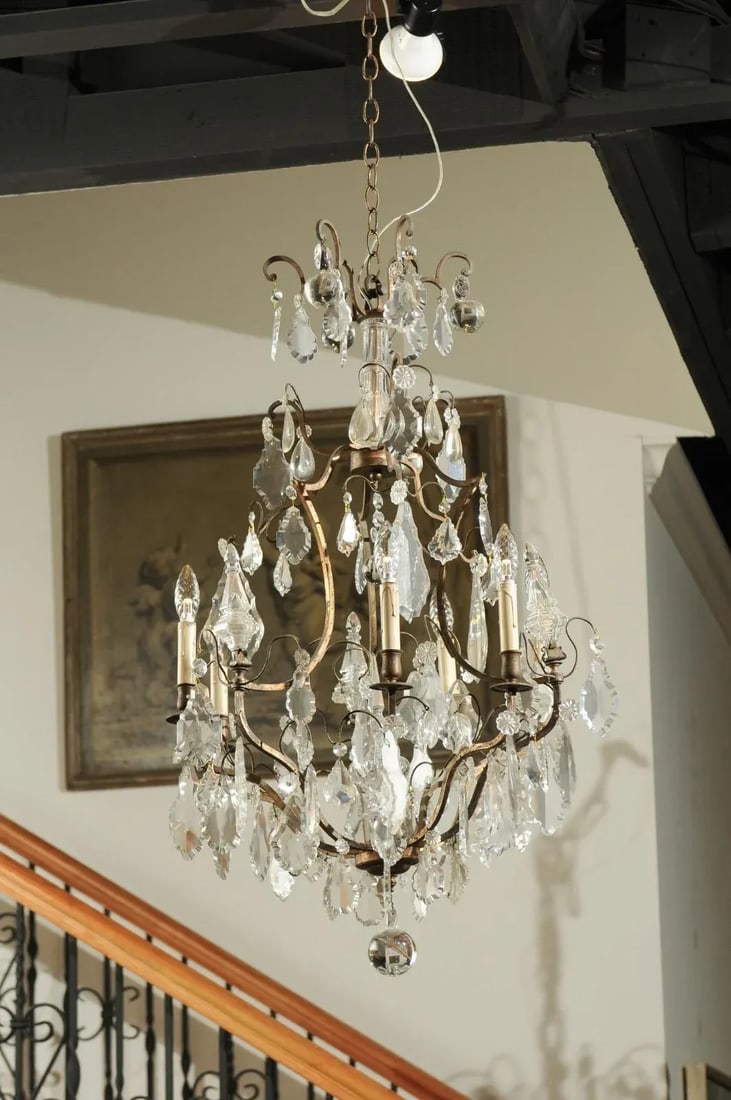 Late 19th Century French Six-Light Crystal and Iron Chandelier with Obelisks - 2