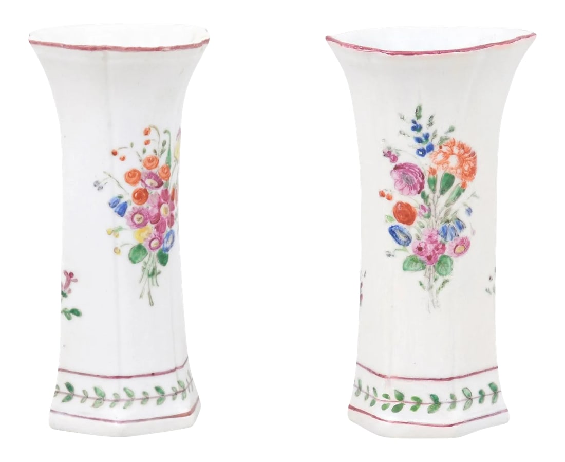 1805 Italian Porcelain Vases with Colorful Painted Floral Motifs - A Pair: A pair of Italian porcelain vases from the early 19th century, with painted floral decor. Created in Italy during the first decade of the 19th century, each of this pair of porcelain vases features a 