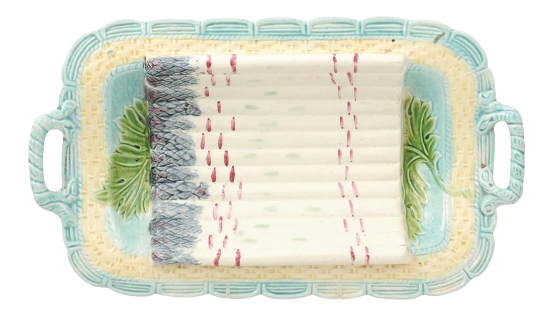 1850s Majolica Green & Purple Asparagus Platter: A French Majolica asparagus serving platter from the mid-19th century with turquoise, purple, green and yellow accents. Created in France during the 1850s, this Majolica platter features a curving bod