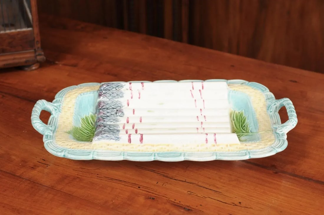 1850s Majolica Green & Purple Asparagus Platter - 8