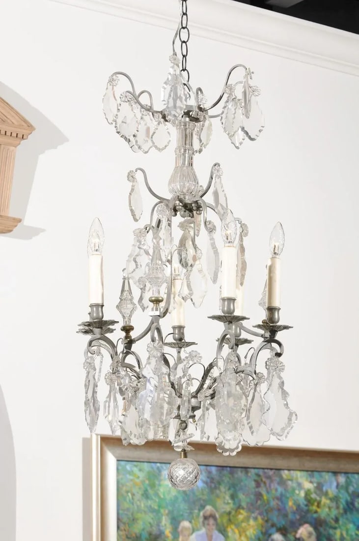 19th Century French Six-Light Crystal Chandelier with Silvered Iron Armature - 2