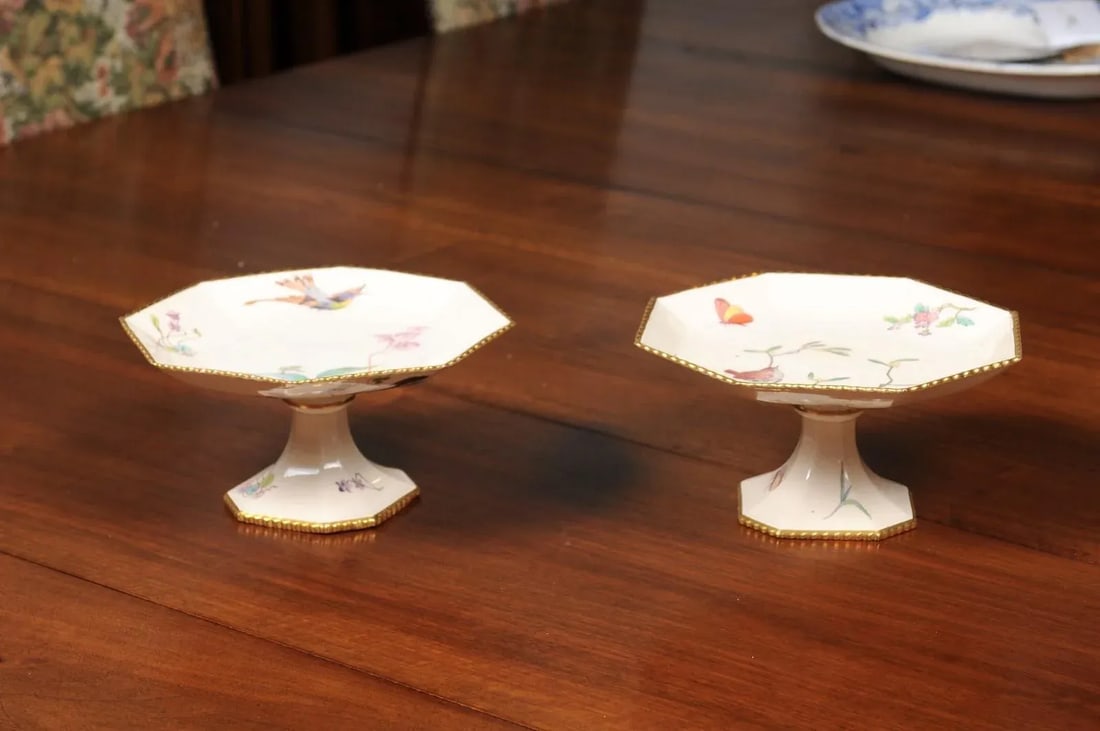French 19th Century Porcelain Painted Birds & Flowers Compotes- a Pair - 2