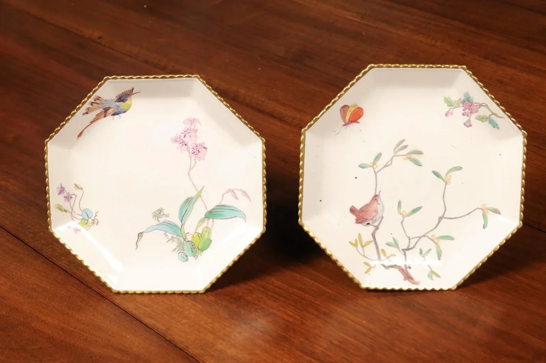 French 19th Century Porcelain Painted Birds & Flowers Compotes- a Pair - 3