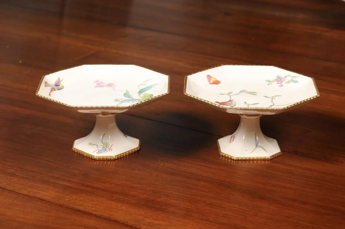 French 19th Century Porcelain Painted Birds & Flowers Compotes- a Pair - 5