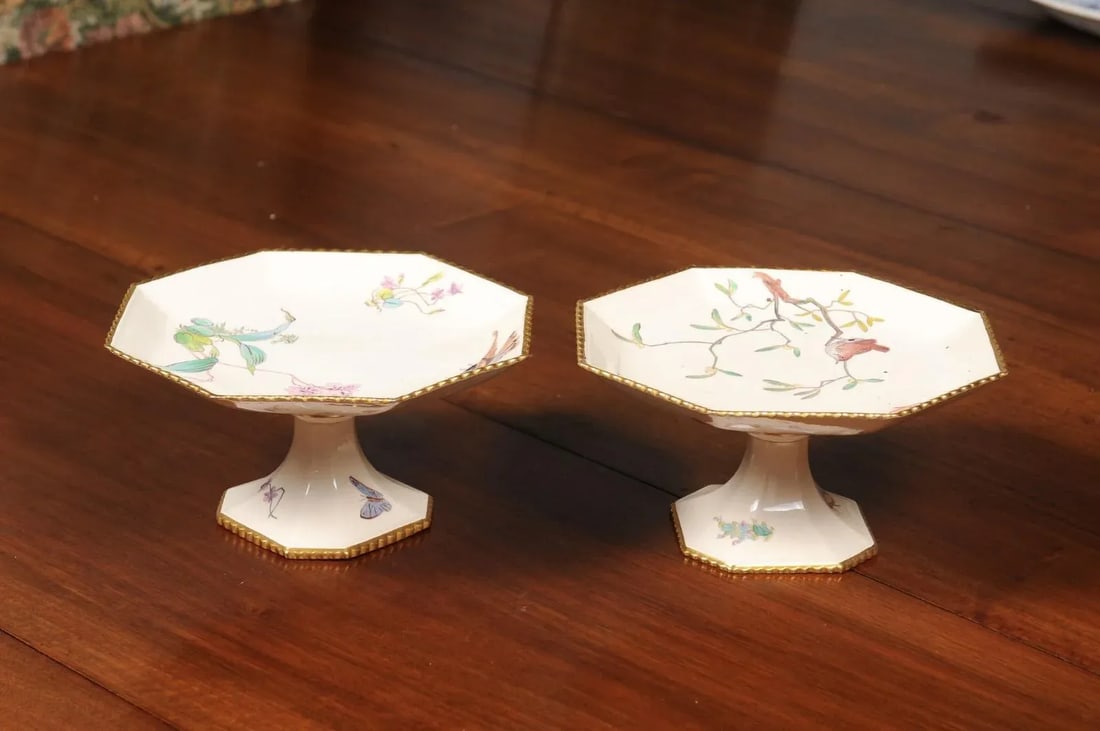 French 19th Century Porcelain Painted Birds & Flowers Compotes- a Pair - 7