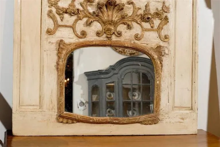 French Louis XV Trumeau Mirror with Original Oil Painting & Carved Gilt Motifs - 10