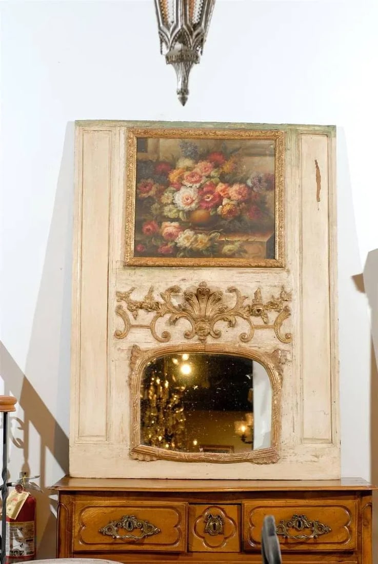 French Louis XV Trumeau Mirror with Original Oil Painting & Carved Gilt Motifs - 2