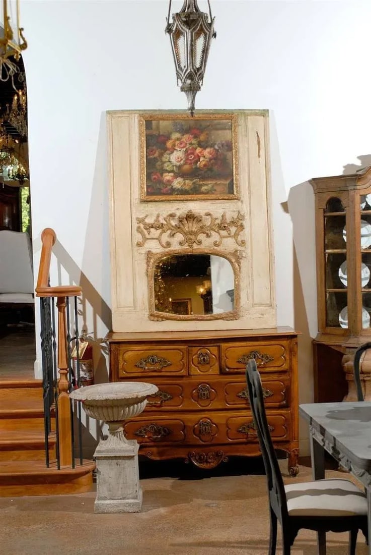 French Louis XV Trumeau Mirror with Original Oil Painting & Carved Gilt Motifs - 3