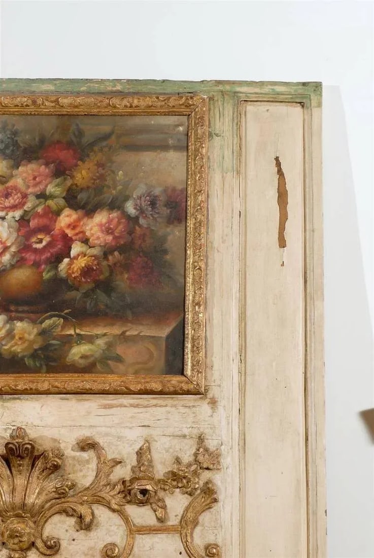 French Louis XV Trumeau Mirror with Original Oil Painting & Carved Gilt Motifs - 4